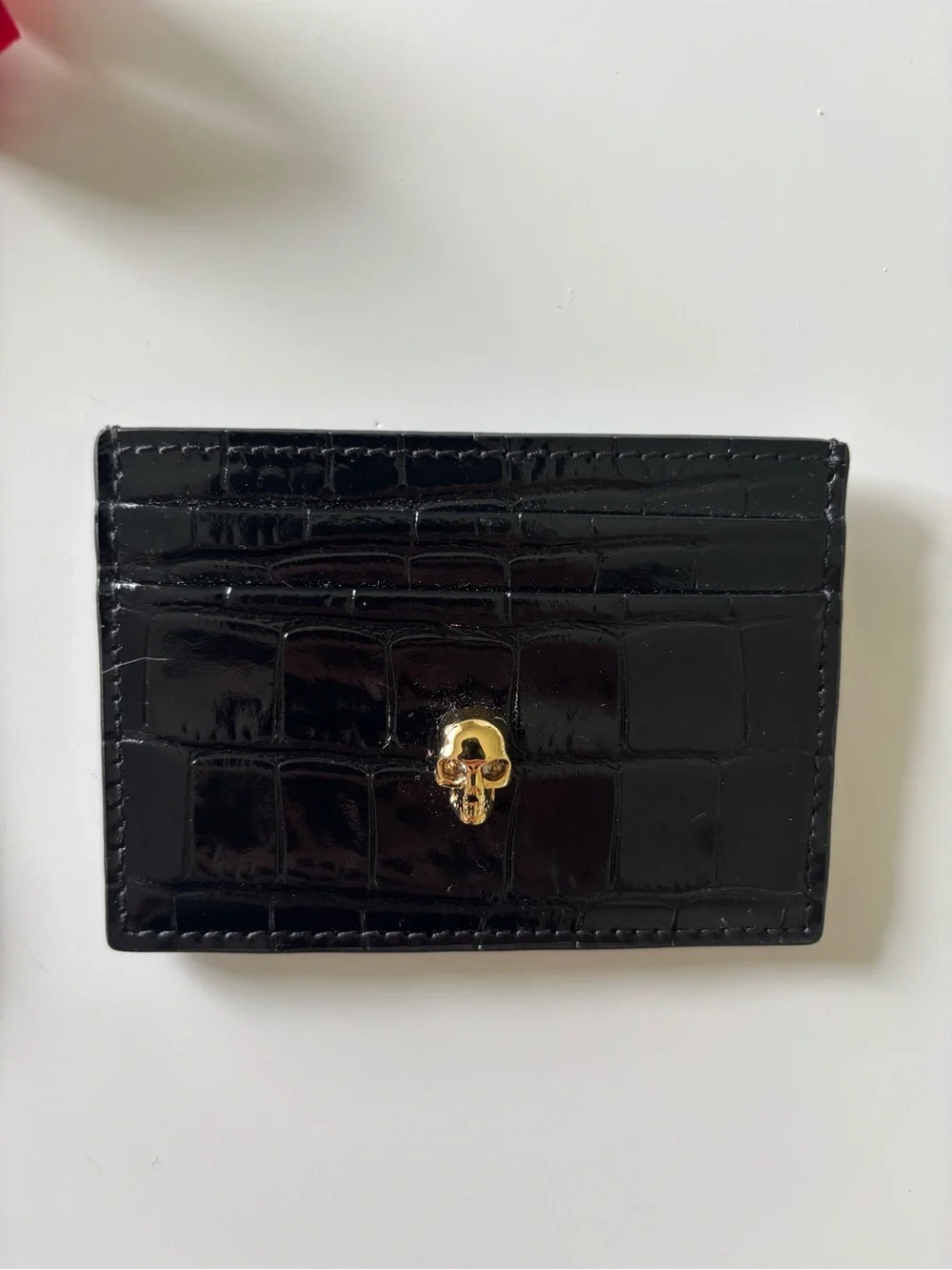 Alexander McQueen Black Croc-Embossed Card & Key Holder with Gold Skull